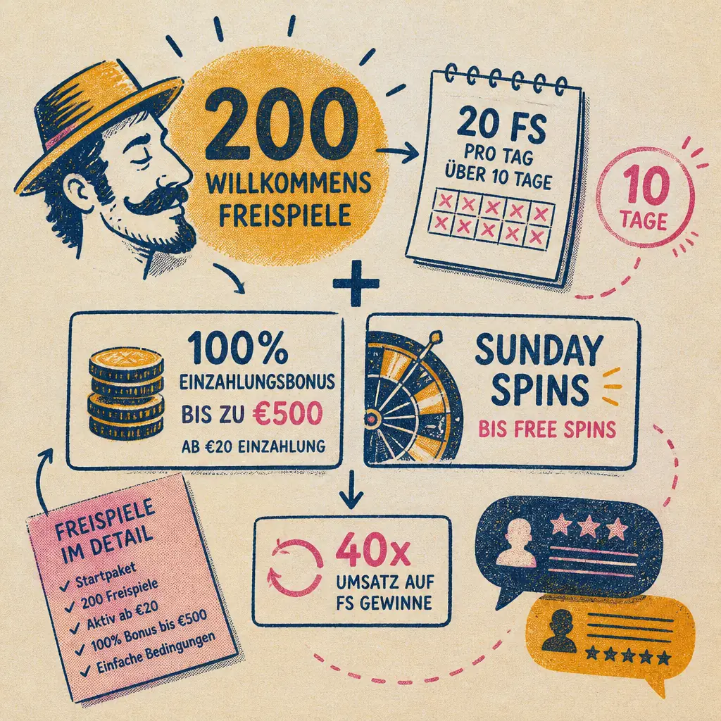 Mr. Pacho Casino Freispiele – 200 Willkommens-FS & Sunday Spins 2026 visual guide for Mr. Pacho